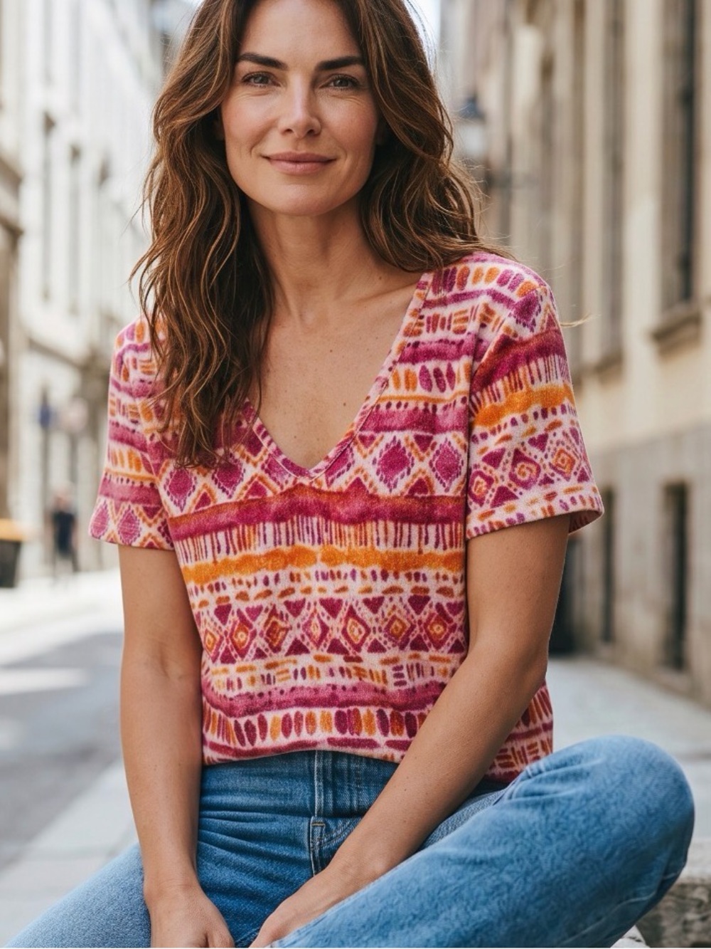 Women's V-Neck Short Sleeve Patterned Top in Pink & Orange